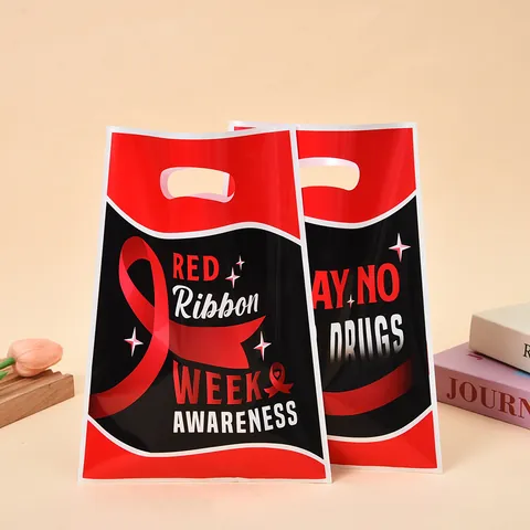 Red Ribbon Week Awareness Gift Bags Pearlescent Film Plastic Tote Bag Say No To Drugs Printed Party Favor Bag For Charity Event
