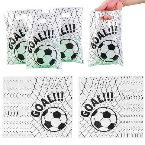 Soccer Theme Party Gift Bags Plastic Football Goal Print Handle Bags For Birthday Sports Event Candy Treat Pouches