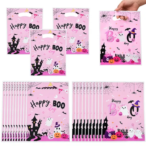 Bolsas de Regalo de Caramelos de Halloween Rosadas Calabaza Fantasma Castillo Impreso Plástico Bolsas de Mano Para Fiesta Embalaje
