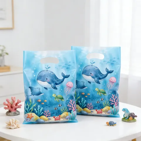 Sacs Cadeaux de Fête Thème Océan Baleine Dessin Animé Animaux Marins pour Anniversaire Enfants Sacs en Plastique Bleu avec Poignée