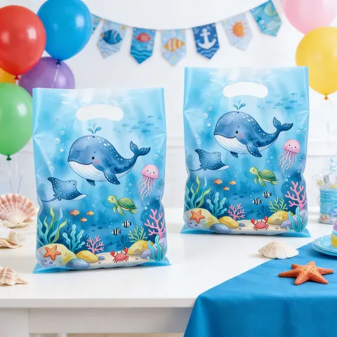 Sacs Cadeaux de Fête Thème Océan Baleine Dessin Animé Animaux Marins pour Anniversaire Enfants Sacs en Plastique Bleu avec Poignée