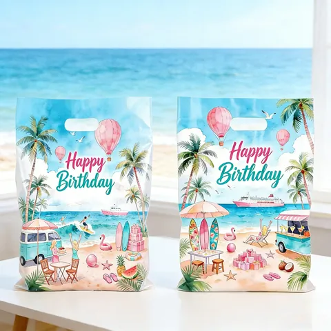 Hawaii Beach Birthday Gift Bags Plastic Party Favor Candy Bags Tropical Theme Happy Birthday Handheld Packaging Bags