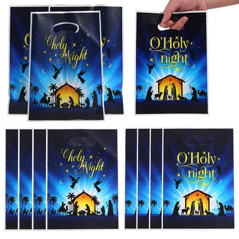 Nativity Scene Christmas Gift Bags O Holy Night Blue Pearl Film Plastic Handle Bags For Holiday Party Candy Packaging