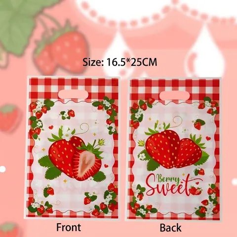 Strawberry Print Plastic Gift Bag Pastoral Gingham Pattern Pearl Film Packaging Bag For Birthday Party Candy Dessert Bag