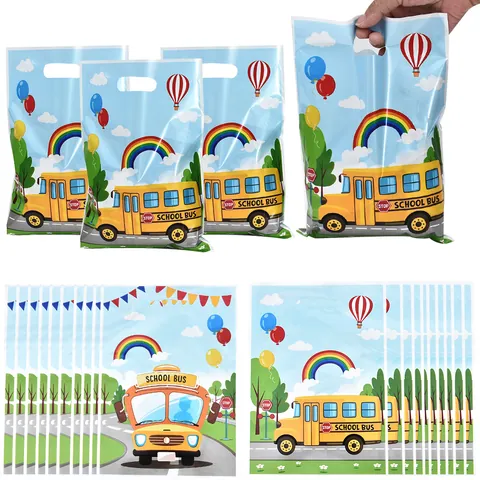 Cartoon School Bus Print Party Favor Bags For Kids Rainbow Hot Air Balloon Pattern Plastic Gift Bags For Birthday Candy Snacks