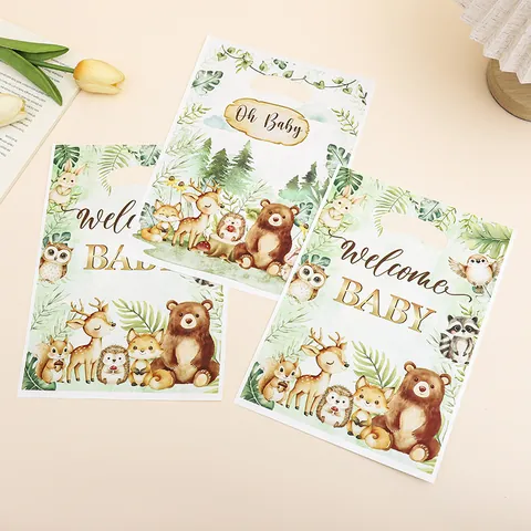 Jungle Animal Theme Party Gift Bags Cute Forest Bear Fox Deer Print Plastic Candy Packaging Handheld Bags For Baby Shower Birthday Event