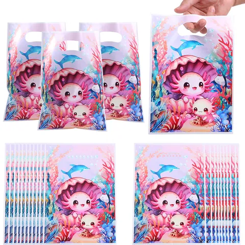 Sacchetto Regalo in Plastica con Stampa Axolotl Animali Sottomarini Simpatico Tema Sirena Delfino Corallo Mare Sacchetto per Caramelle Snack Con Manico Articoli per Feste