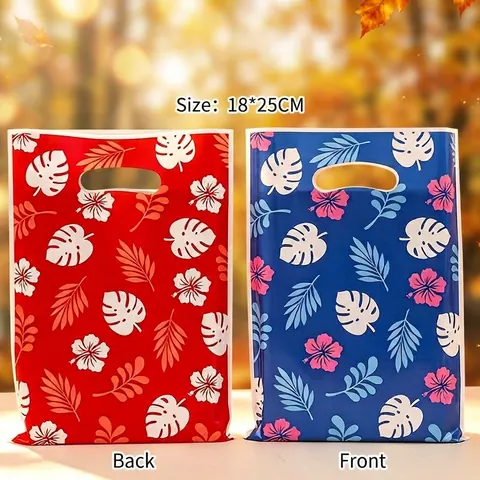 Hawaiian Tropical Leaf Print Plastic Gift Bags With Punch Handle For Party Snacks Candy Souvenir Packaging Bags