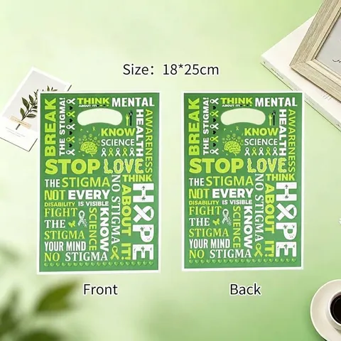 Mental Health Awareness Green Ribbon Plastic Tote Bags Hope Printed Gift Bags 18x25cm Handle Pack Bags For Charity Event Party