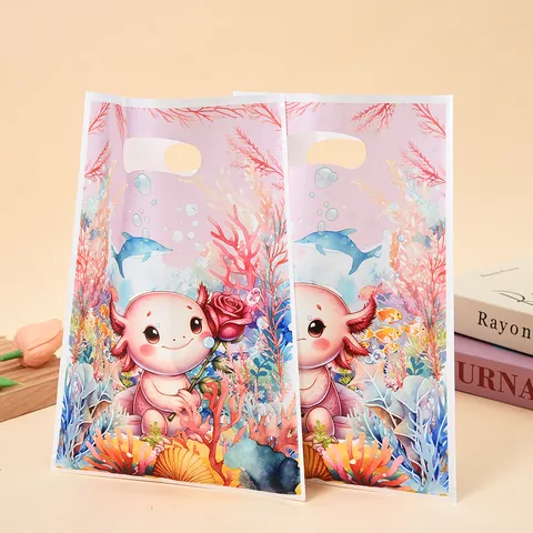 Sacs Cadeaux en Plastique Thème Monde Sous-marin Axolotl de Dessin Animé Impression d'Animaux Marins pour Bonbons et Collations