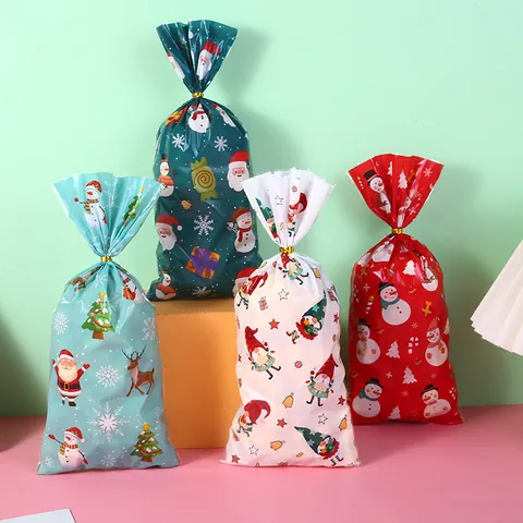 Christmas OPP Packaging Bags Santa Claus Snowman Patterned Plastic Gift Bags For Baking Candy Cookies With Gold Twist Ties