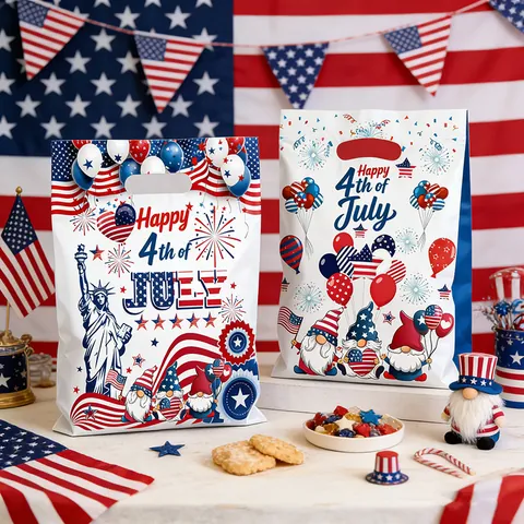 Independence Day Party Gift Bags Fourth Of July Patriotic Gnomes Pattern Pearl Film Plastic Bags For Celebration Shopping