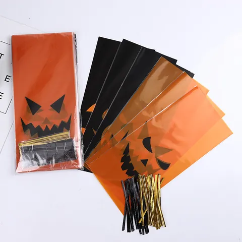 Halloween Κολοκύθα Χαμόγελο OPP Επίπεδες Τσάντες Συσκευασίας για Καραμέλες Μπισκότα Δώρα Γιορτινό Πάρτι Πορτοκαλί Μαύρο