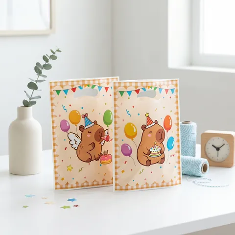 Cute Capybara Birthday Party Gift Bag Yellow Plaid Pattern Cartoon Water Pig Theme Favor Bag Plastic Handle Treat Bag For Celebration Events
