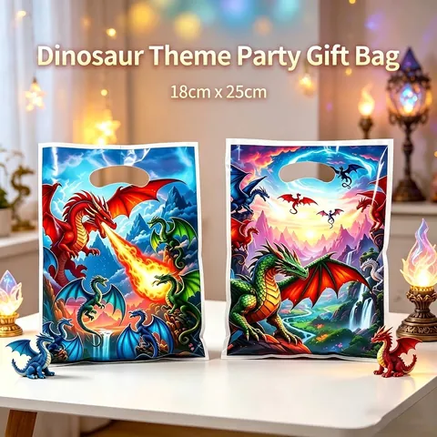 Dinosaur Theme Party Gift Bags Cartoon Flying Dragon Plastic Tote Bags Kids Birthday Return Candy Bags Fantasy Landscape