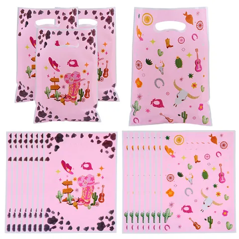 Roze Cowgirl Western Party Cadeauzakjes Parelmoerfilm Handvattassen Voor Verjaardag Snoep Cowboylaarzen Hoed Patroon Koeprint