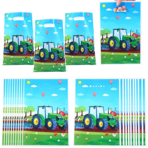 Sacs Cadeaux de Fête Thème Tracteur Ferme Véhicule de Chantier en Plastique Sacs à Bonbons pour Anniversaire d'Enfants Emballage de Fête