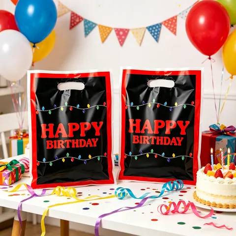 Happy Birthday Plastic Gift Bags Black Red Festive Party Favors Goodie Bags For Candy Treats Snacks Return Handheld Bags