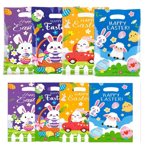Bolsas de Regalo de Pascua de Conejo de Dibujos Animados Bolsas de Plástico Perlado para Caramelos Con Asas para Fiestas de Festivales Bolsa Estampada