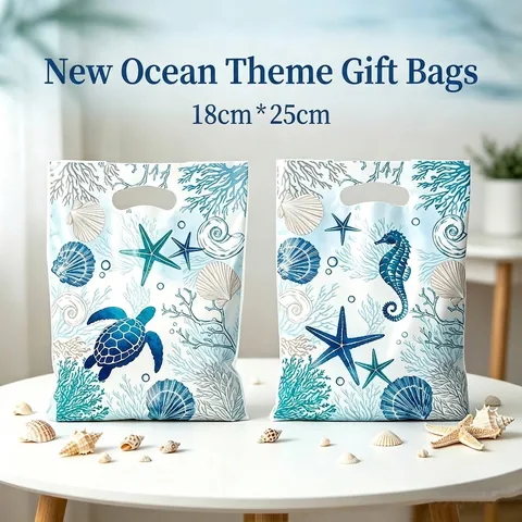 Sac Cadeau en Plastique Thème Océan avec Impression Tortue et Hippocampe pour Fête d'Anniversaire Sacs à Main avec Poignée