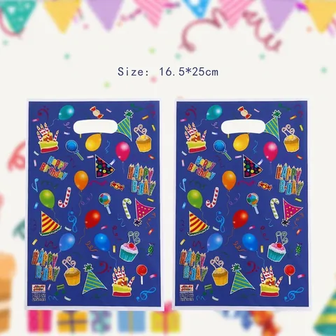 Blue Birthday Theme Cartoon Balloons Cake Print Plastic Gift Bags With Handle For Kids Party Supplies