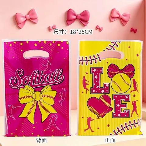 Sachets Cadeaux en Plastique Thème Softball Avec Poignées Sacs de Fête Sportive pour Bonbons Rose Jaune Motif Imprimé