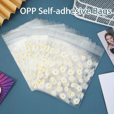 Daisy Print OPP Self Adhesive Packaging Bags Transparent Plastic Cookie Candy Gift Bag Small Card Storage Bags