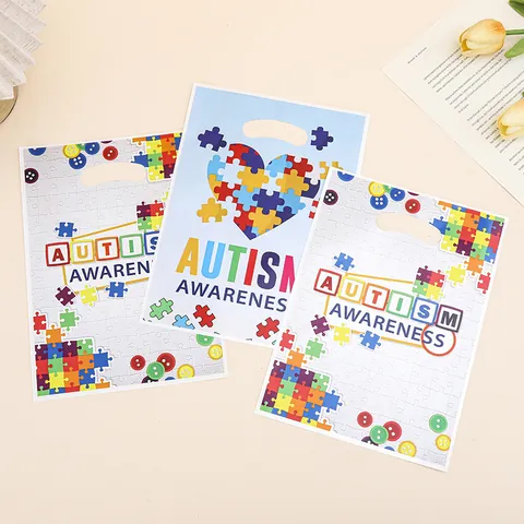 Autism Awareness Heart Puzzle Gift Bags Plastic Colorful Puzzle Piece Tote Bag For Birthday Party Shopping 18x25cm