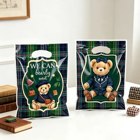 British Style Bear Gift Bags Green Plaid Pattern Plastic Handbags For Party Favors Candy Packaging Gift Wrap For Birthday Wedding Baby Shower