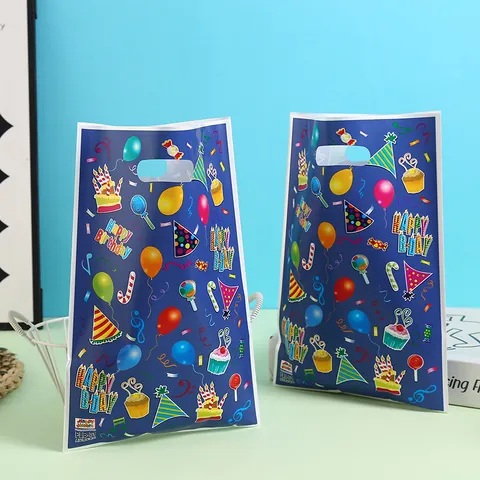 Blue Birthday Theme Cartoon Balloons Cake Print Plastic Gift Bags With Handle For Kids Party Supplies