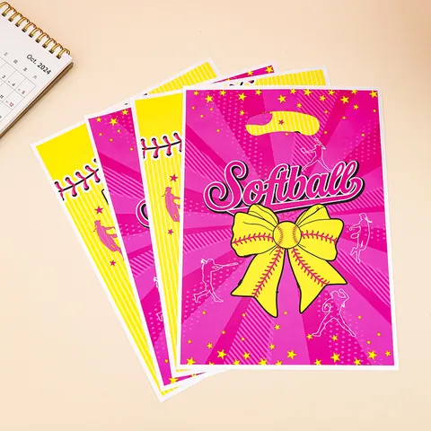 Softball Theme Plastic Gift Bags With Handles Sports Party Favor Bags For Candy Goodie Bag Return Gifts Pink Yellow Pattern