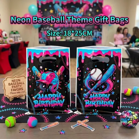 Neon Baseball Birthday Gift Bags Pink Blue Graffiti Sports Theme Plastic Goodie Bags With Handles For Party Favors Snacks
