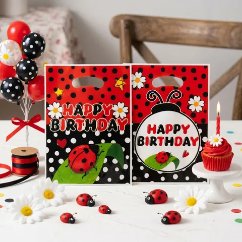 Sacs Cadeaux de Fête d'Anniversaire à Thème Coccinelle Sacs à Bonbons en Plastique avec Poignées pour Enfants