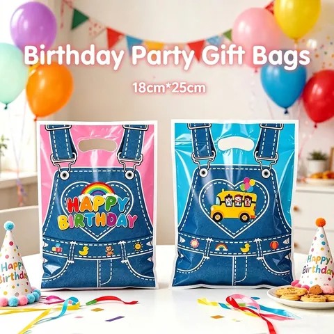 Cartoon Denim Overalls Style Birthday Gift Bags Plastic School Bus Rainbow Pattern Handheld Kids Party Favor Bags