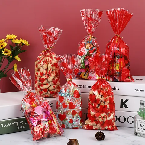 Bolsas para Caramelos con Estampado de Corazones de San Valentín Bolsas de Plástico OPP con Lazos Dorados