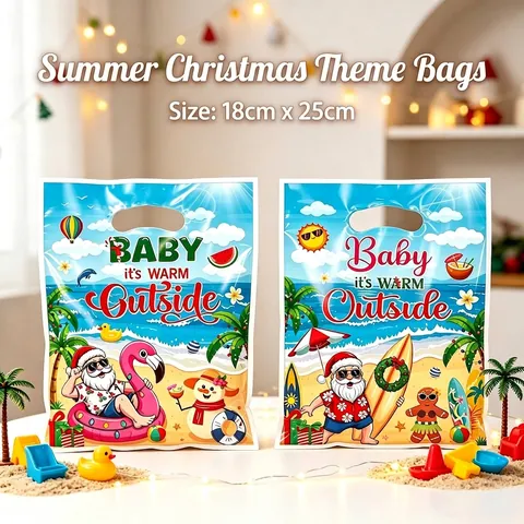 Summer Christmas Santa Beach Theme Party Gift Bags Tropical Flamingo Punch Handle Plastic Packaging Bags Holiday Favors