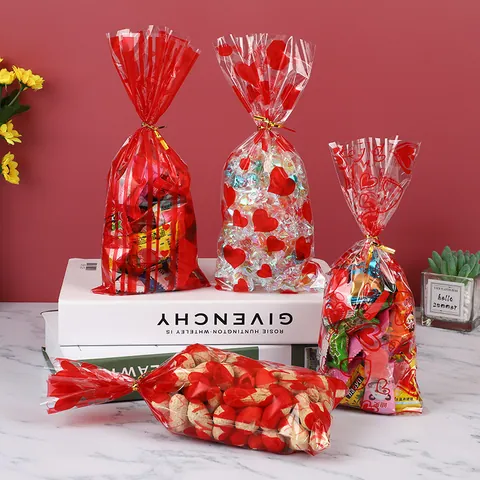 Bolsas para Caramelos con Estampado de Corazones de San Valentín Bolsas de Plástico OPP con Lazos Dorados