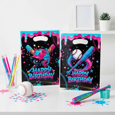 Neon Baseball Birthday Gift Bags Pink Blue Graffiti Sports Theme Plastic Goodie Bags With Handles For Party Favors Snacks