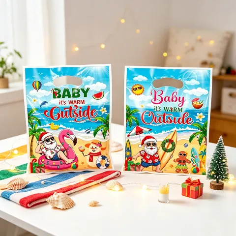 Summer Christmas Santa Beach Theme Party Gift Bags Tropical Flamingo Punch Handle Plastic Packaging Bags Holiday Favors