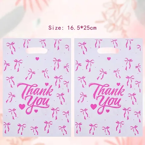 Sacs Cadeaux en Plastique Film Perlé Thank You avec Imprimé Nœud Rose Sacs d'Emballage Portables pour Mariage Fête