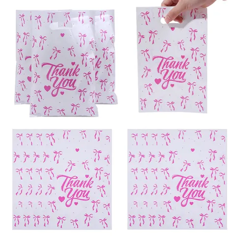 Sacs Cadeaux en Plastique Film Perlé Thank You avec Imprimé Nœud Rose Sacs d'Emballage Portables pour Mariage Fête