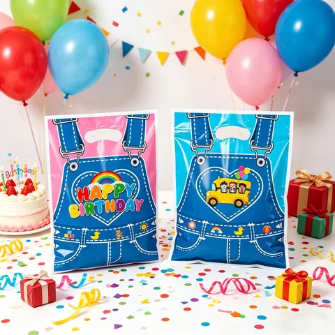 Cartoon Denim Overalls Style Birthday Gift Bags Plastic School Bus Rainbow Pattern Handheld Kids Party Favor Bags