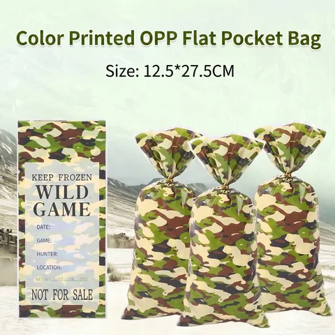 Camouflage Bedruckte OPP Kunststoff Flachbeutel Mit Gold Bindebändern Wild Game Lagerungsetikett Für Snack Süßigkeiten Popcorn Beutel