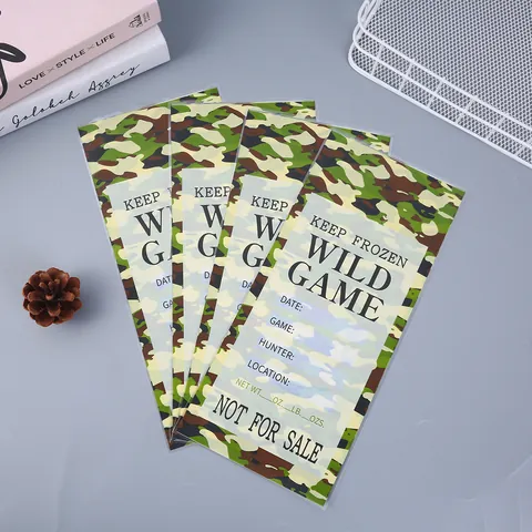 Camouflage Bedruckte OPP Kunststoff Flachbeutel Mit Gold Bindebändern Wild Game Lagerungsetikett Für Snack Süßigkeiten Popcorn Beutel