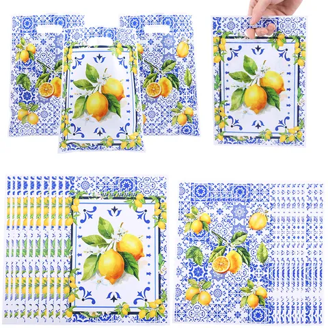 Mediterrane Blau Weiß Porzellan Zitrone Druck Geschenktüten Kunststoff Wasserdicht Favor Tote Taschen Mit Griff Für Party