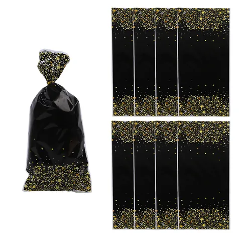 Bolsas de Regalo OPP con Estampado de Diamante y Cielo Estrellado para Cumpleaños Dulces Repostería Galletas Empaque Negro y Dorado con Estrellas