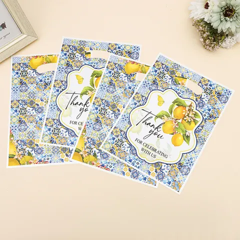 Sacchetti Regalo in Plastica con Stampa Limone Mediterraneo Manico e Motivo Thank You per Confezioni Regalo Matrimonio Festa