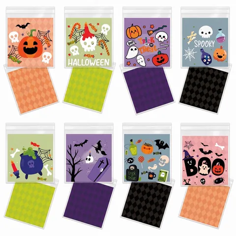 Sachets Halloween Auto-Fermants Motif Fantôme Citrouille Toile d'Araignée Petits Sacs à Bonbons en Plastique pour Fête Cadeaux