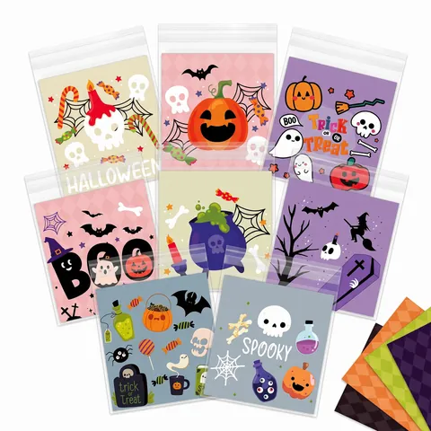 Sachets Halloween Auto-Fermants Motif Fantôme Citrouille Toile d'Araignée Petits Sacs à Bonbons en Plastique pour Fête Cadeaux