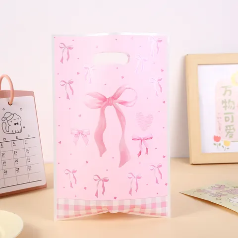 Rosa Schleife Kunststoff Geschenktüten Für Party Thema Dekoration Süßigkeiten Verpackung Handtaschen Mit Herz Gitter Muster Für Hochzeit Geburtstag